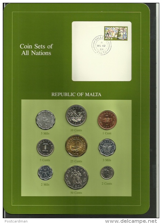 MALTA  - Uncirculated Set Of 9 Coins - 2 Mils To 50 Cents - 1972, 1975, 1976, 1977 & 1982 - Malta