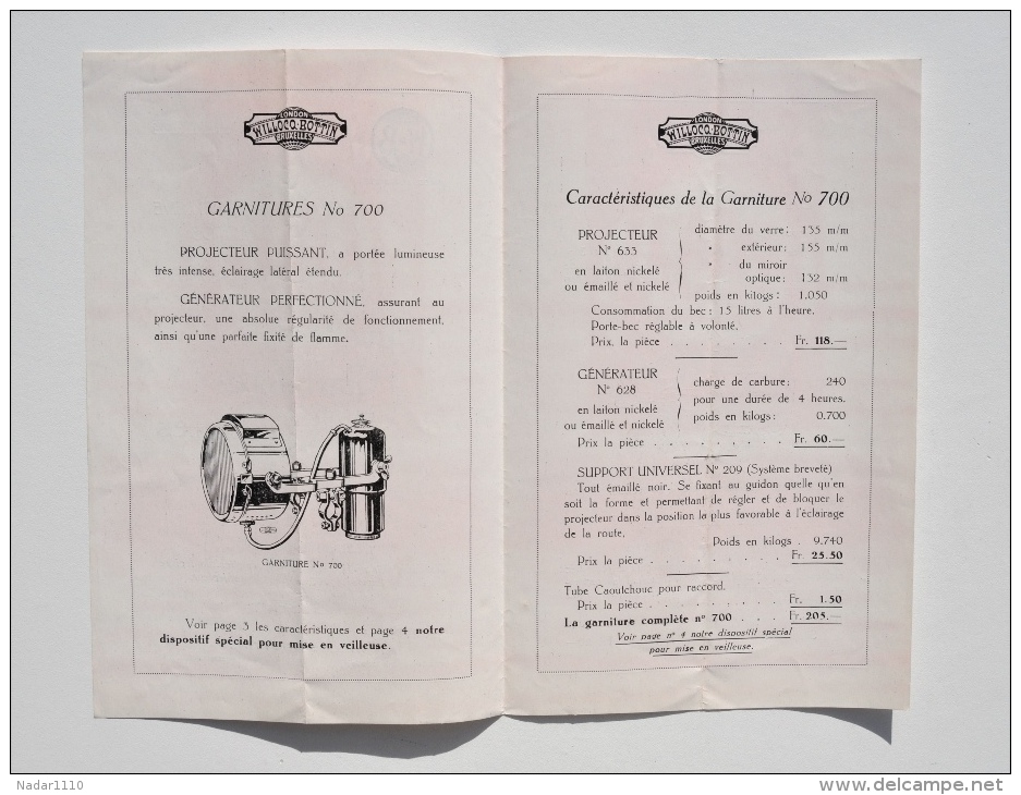 MOTO - Brochure Des PHARES WILLOCQ-BOTTIN - éclairage Acétylène - Janvier 1925 - Motorfietsen