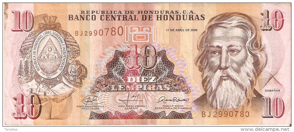 BILLETE DE HONDURAS DE 10 LEMPIRAS DEL  AÑO 2008 (BANKNOTE) - Honduras