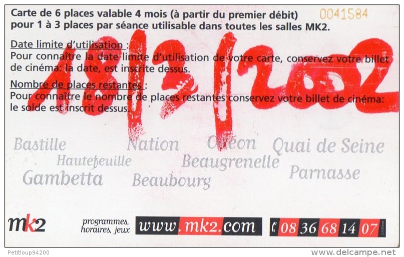 CARTE CINEMA-CINECARTE  MK2  6 Places ******6 - Cinécartes