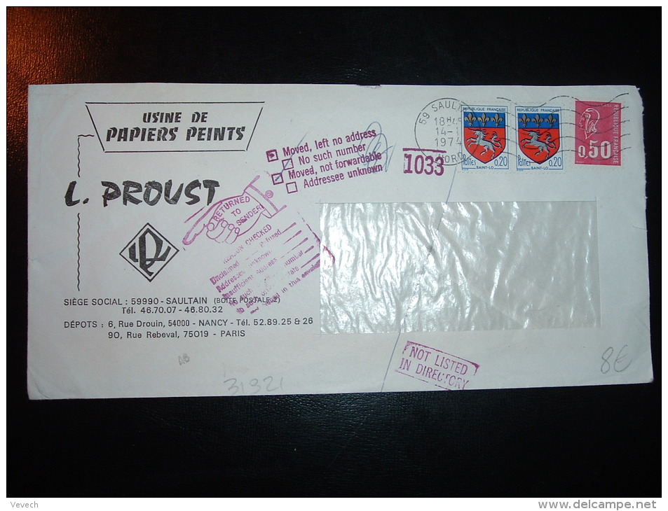 LETTRE POUR USA TP MARIANNE DE BEQUET 0,50 + ST LO 0,20 X2 OBL.MEC.14-1-1974 SAULTAIN (59 NORD) + GRIFFE RETOUR MAIN - 1971-1976 Marianne Of Béquet