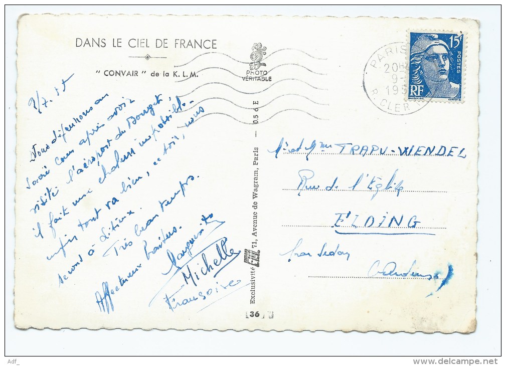 CPSM DANS LE CIEL DE FRANCE, AVION " CONVAIR " DELA KLM K.L.M. - 1946-....: Ere Moderne