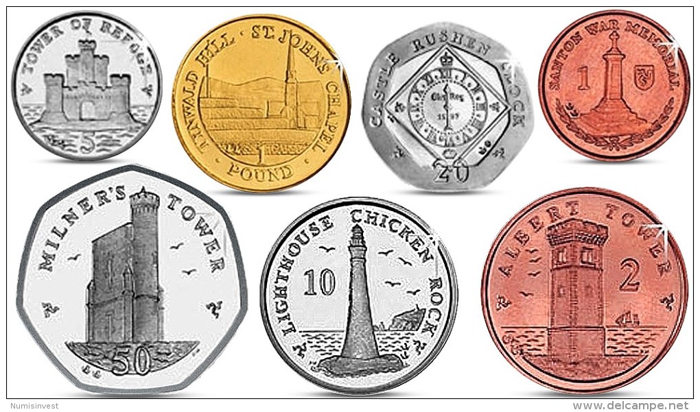 ISLE OF MAN IOM 7 COINS SET 1, 2, 5, 10, 20, 50 PENCE AND 1 POUND 2013 UNC - Île De  Man