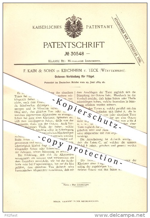 Original Patent - F. Kaim & Sohn In Kirchheim U. Teck , 1884 , Oktaven Verbindung Für Flügel , Klavier , Musik !!! - Kirchheim