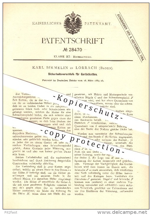 Original Patent - Karl Birmelin Lörrach , 1884 , Sicherheitsverschluss Für Gerüstketten , Bau !!! - Loerrach