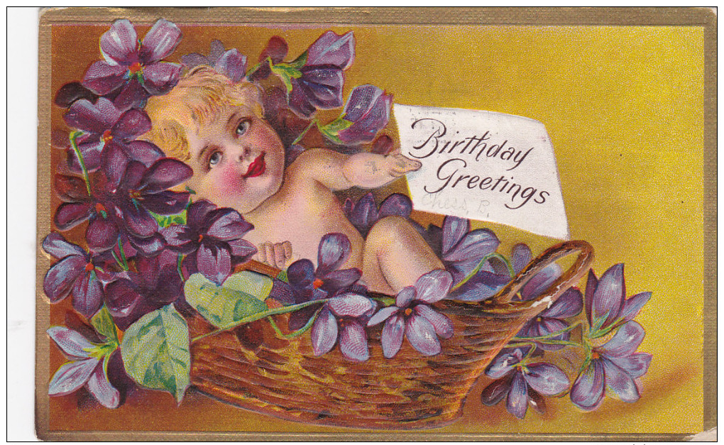 BIRTHDAY; PU-1910; Baby On A Basket, "Birthday Greetings" - Compleanni