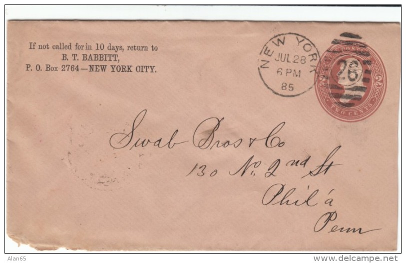 Sc #U281 2-cent Postal Stationery Envelope 1885 Issue Used, Nice Soap Powder Advertising On Back - ...-1900