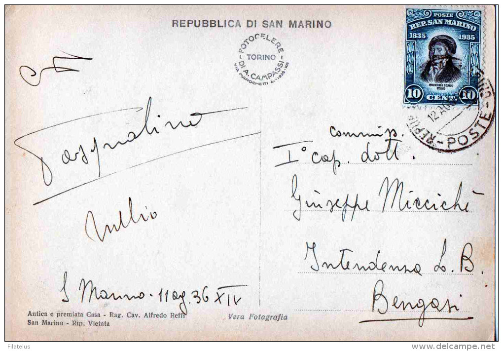 CARTOLINA POSTALE REPUBBLICA SAN MARINO-11-8-1936 SPEDITA A BENGASI-CENT. 10 - Covers & Documents