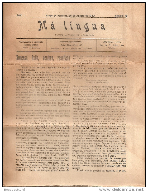 Arcos De Valdevez - Jornal Má Língua Nº 13 De 26 De Agosto De 1940. Viana Do Castelo. - Revues & Journaux