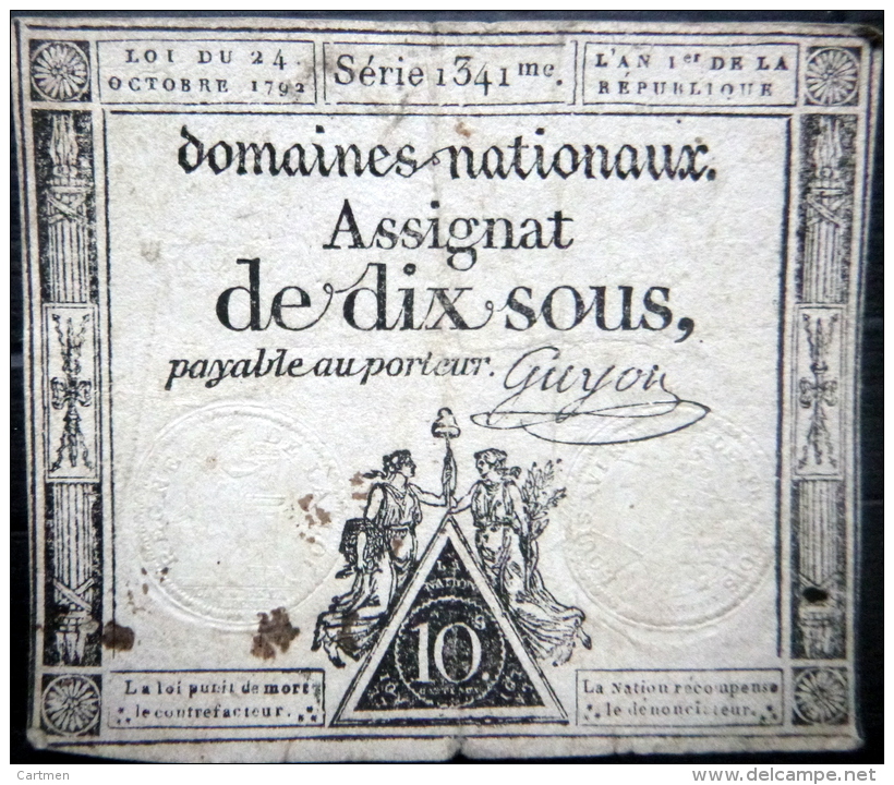 ASSIGNAT DES DOMAINES NATIONAUX   ASSIGNAT DE DIX SOUS   AN I (1792 )   SERIE 1341  SIGNE GUYON - Assignats