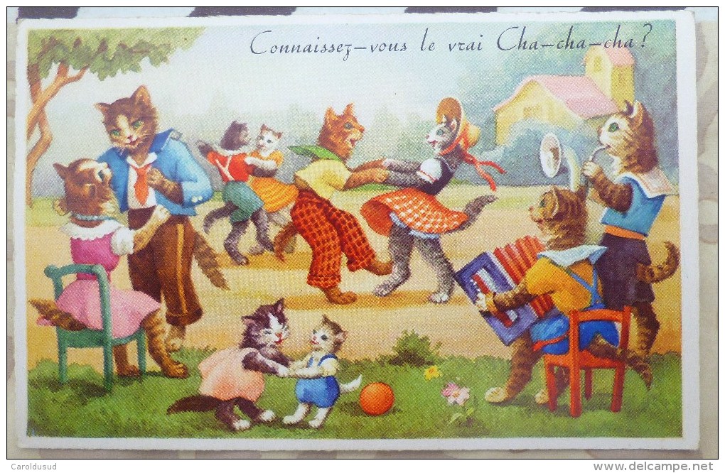 CP LITHO Illustrateur M.B. N° 2215 Grand Chats Chat Humanisé Scene Danse Cha Cha-cha-cha Accordeon Saxo - Animales Vestidos