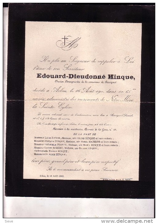 ROSSIGNOL ARLON Edouard-Dieudonné HINQUE Ancien Bourgmestre 1835-1900 Faire-part Mortuaire - Avvisi Di Necrologio