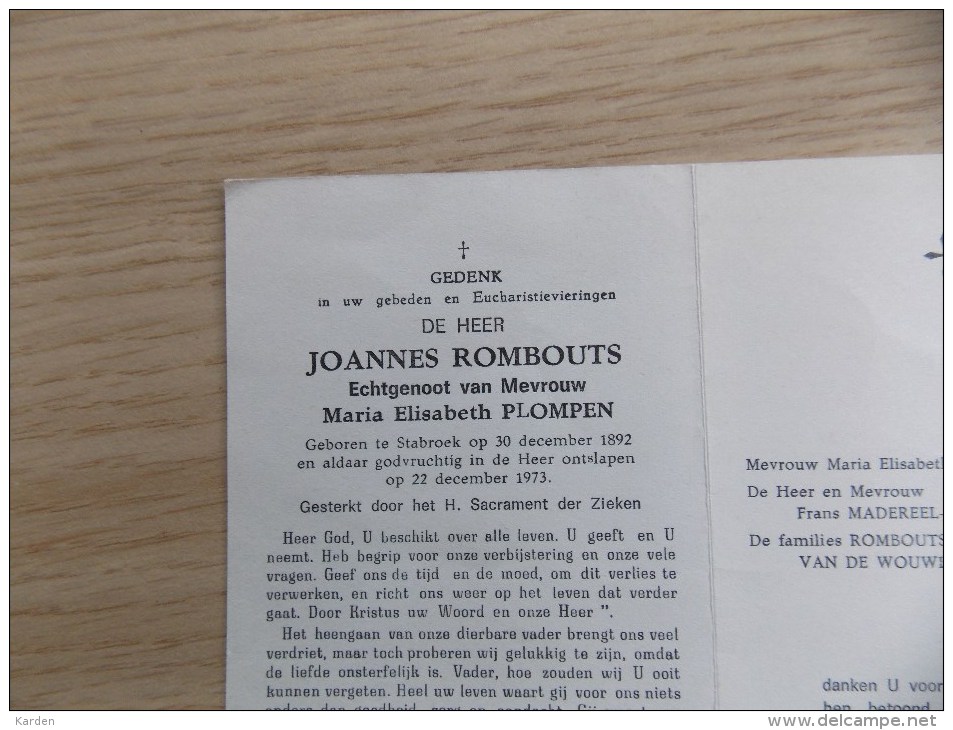 Doodsprentje Joannes Rombouts Stabroek 30/12/1892 - 22/12/1973 ( Maria Elisabeth Plompen ) - Godsdienst & Esoterisme