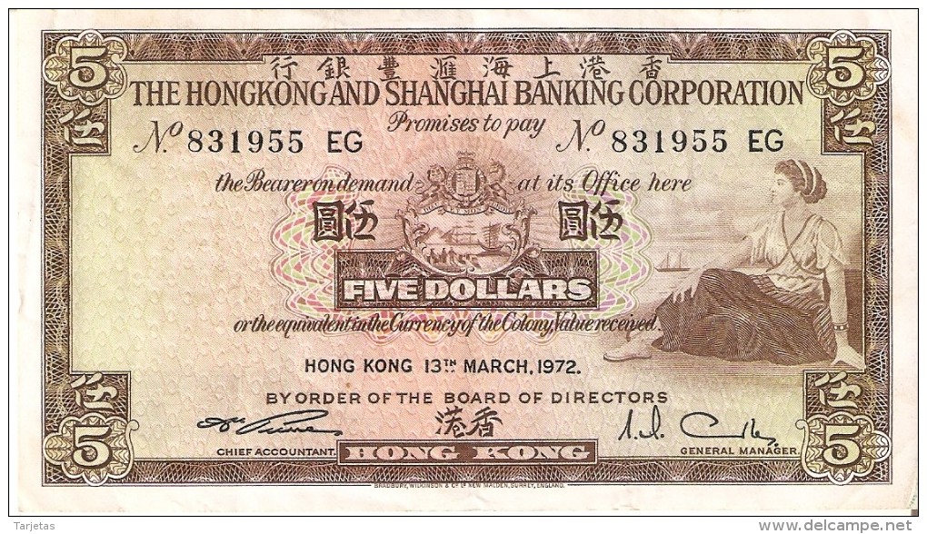 BILLETE DE HONG KONG DE 5 DOLLARS DEL AÑO 1972 (BANKNOTE) - Hong Kong