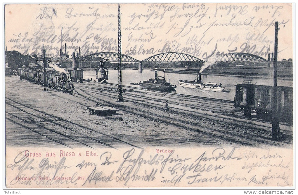 Gruss Aus Riesa Elbe Brücke Hafen Bahn Anschluß Gleis Dampflok 2.7.1907 Nachverwendet Ungeteilte Rückseite 1905 Oder Frü - Riesa