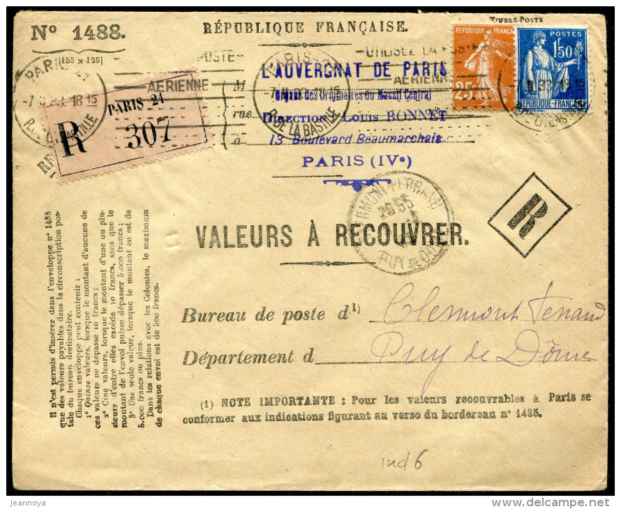 FRANCE - VALEURS RECOUVRÉES - N° 235 + 288 SUR LETTRE ENTIÈRE RECOMMANDÉE DE PARIS LE 7/2/1933  - TB - 1859-1959 Lettres & Documents