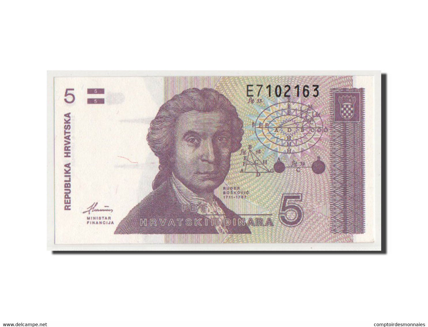 Billet, Croatie, 5 Dinara, 1991, SPL+ - Croatie