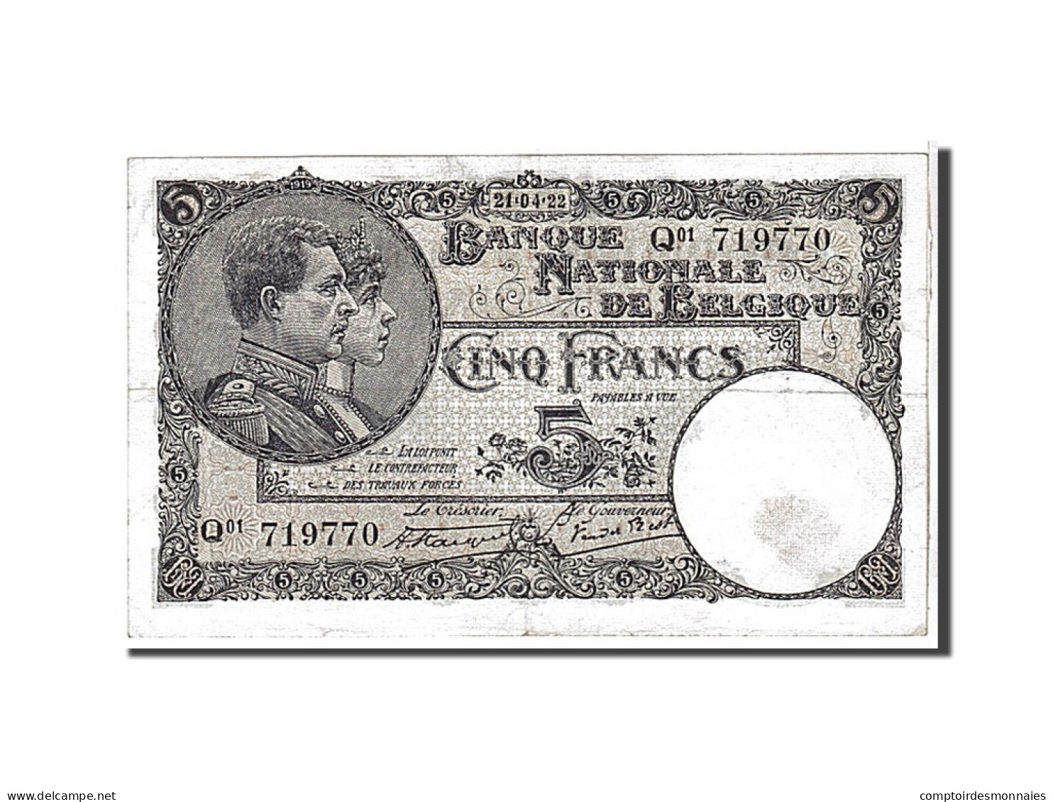 Billet, Belgique, 5 Francs, 1922, KM:93, TTB - 5 Franchi
