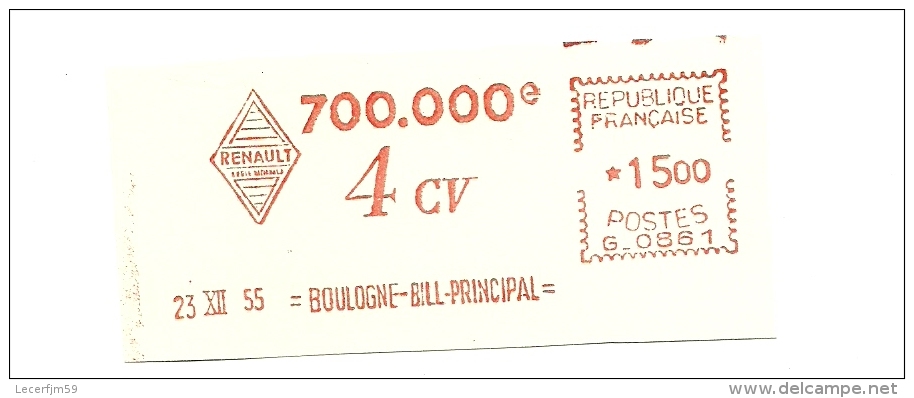 OBLITERATION MECANIQUE   FLAMME RENAULT LA 7000 000 EME DE LA VOITURE 4 CV 1955 - Oblitérations Mécaniques (flammes)