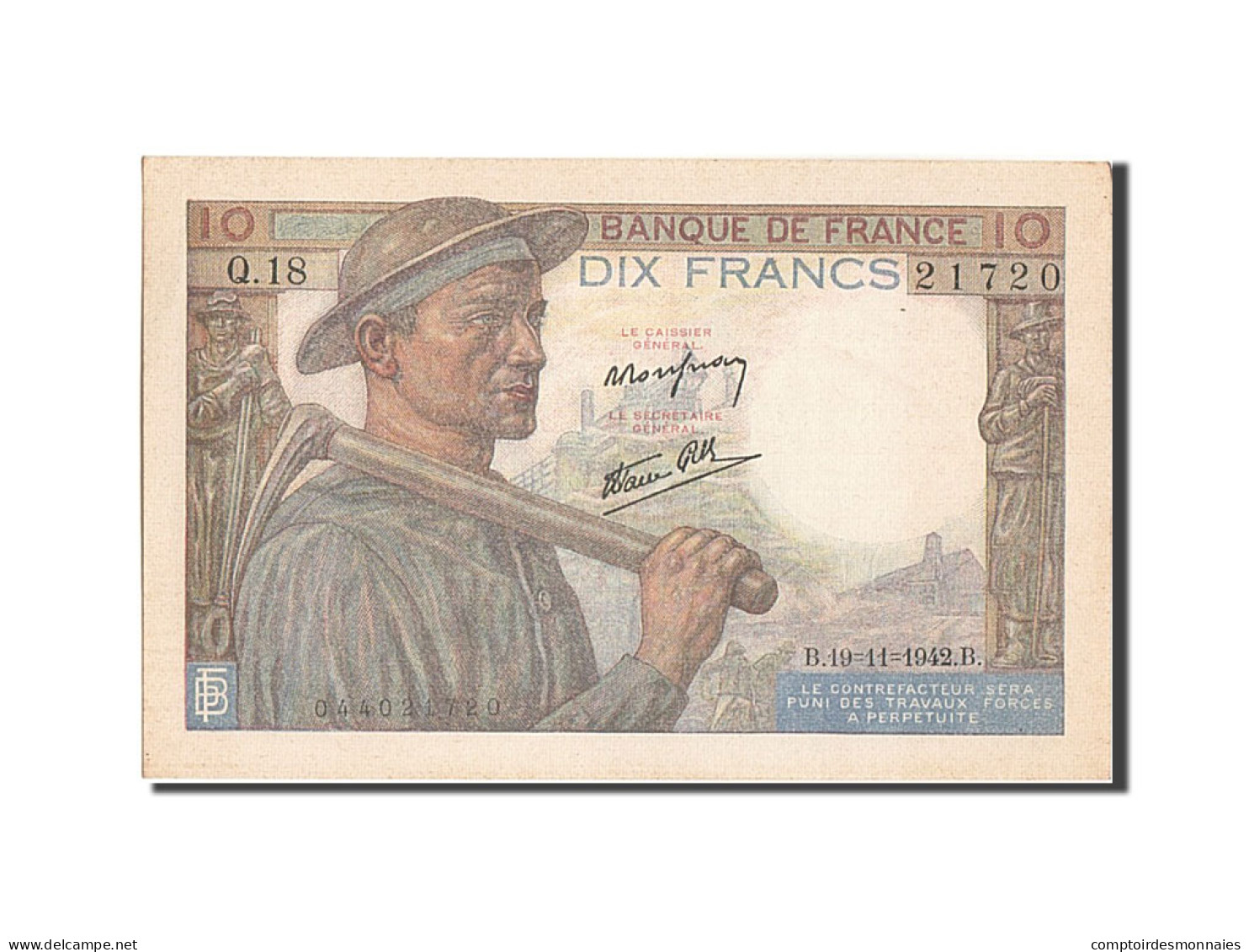 Billet, France, 10 Francs, 10 F 1941-1949 ''Mineur'', 1942, 1942-11-19, SPL - 10 F 1941-1949 ''Mineur''