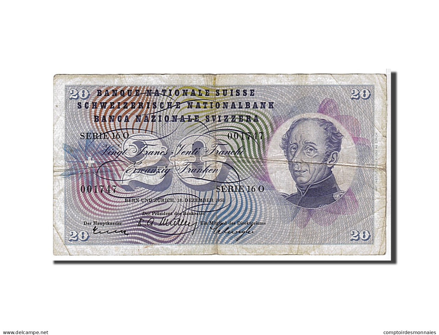 Billet, Suisse, 20 Franken, 1958, KM:46f, TB - Suiza