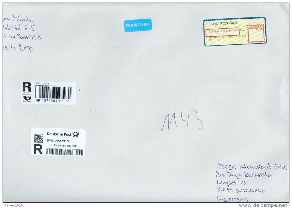 Tschechische Republik Pozorice R-Brief Automaten-Label 2015 68 Kr. Prioritaire Brief Nach Deutschland - Briefe U. Dokumente