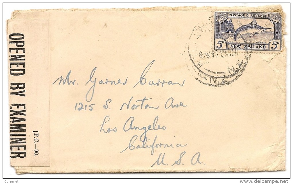 NEW ZEALAND -1943 CENSORED COVER With SWORDFISH From WELLINGTON To LOS ANGELES - Covers & Documents