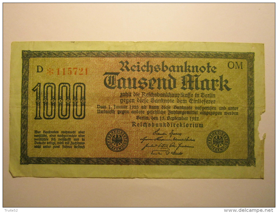 Allemagne " Billet De 1000 Mark " 1922 - 1000 Mark