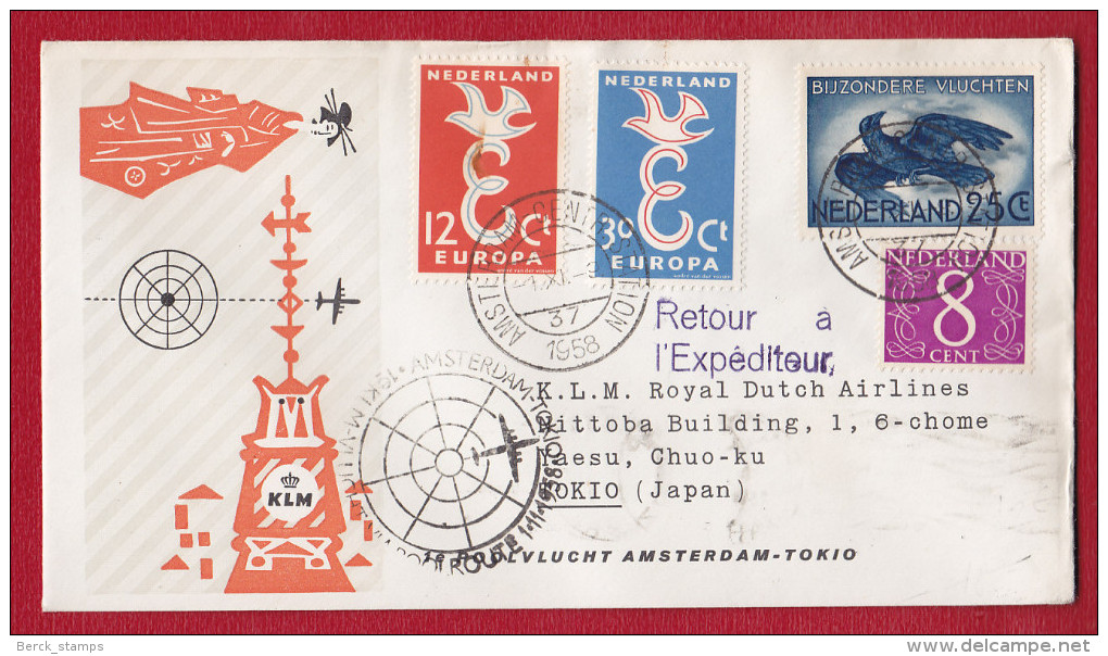 PAYS-BAS - 1er Vol De 1958 - Amsterdam - Tokyo  Avec La Série Europa Et Aigle. - Luftpost