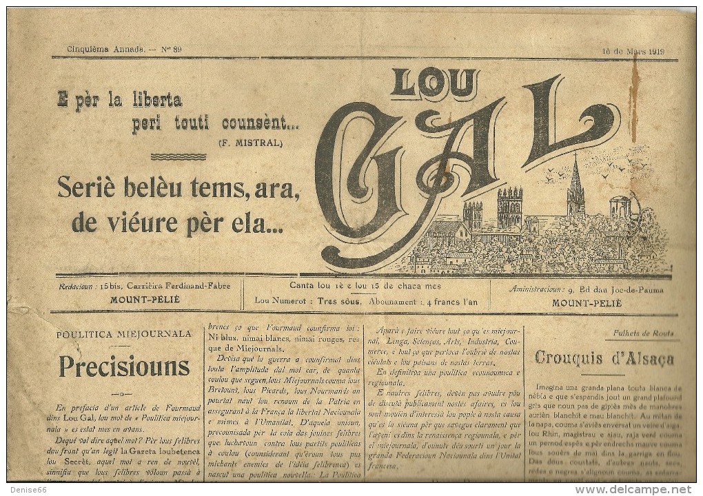 1° Mars 1919 - "LOU GAL" - Bimensuel En LANGUEDOCIEN - Imprimé à Montpellier - Historical Documents