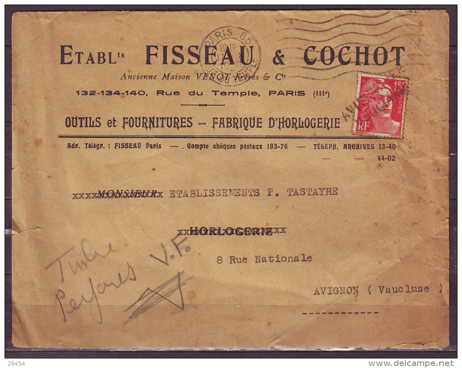 Mne DE GANDON 15f Rouge PERFORE  V F  Sur Enveloppe PUB Fabrique HORLOGERIE Le 17 X 1950 Griffe  LINEAIRE  AVIGNON - Autres & Non Classés