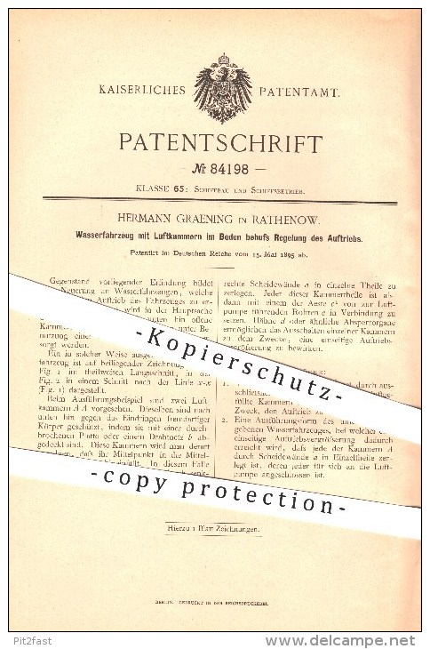 Original Patent - Hermann Graening In Rathenow , 1895 , Wasserfahrzeug Mit Luftkammern Im Boden !!! - Rathenow