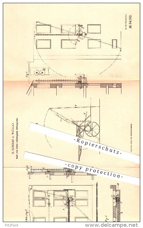 Original Patent - H. Schüler In Wetzlar , 1894 ,  Aufschlagende Rettungsleiter , Feuerwehr , Rettung !!! - Wetzlar