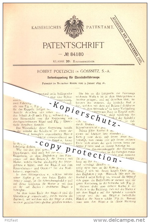 Original Patent - Robert Poetzsch In Gössnitz , S.-A. , 1895 , Seitenkupplung Für Eisenbahnfahrzeuge , Eisenbahn !!! - Gössnitz