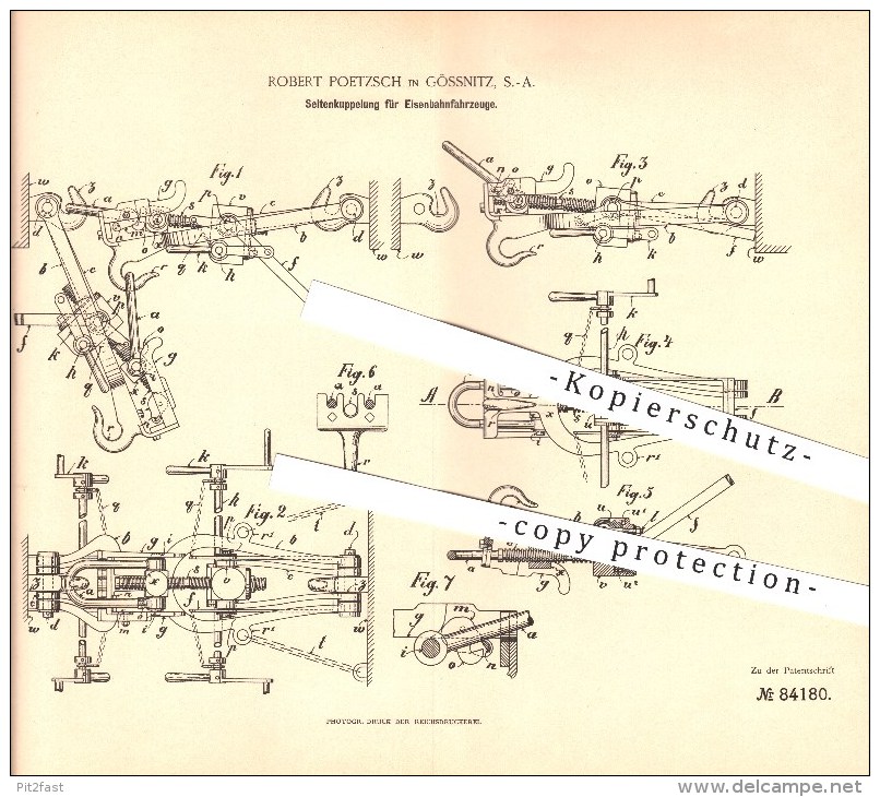 Original Patent - Robert Poetzsch In Gössnitz , S.-A. , 1895 , Seitenkupplung Für Eisenbahnfahrzeuge , Eisenbahn !!! - Goessnitz