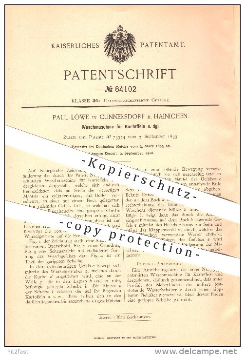 Original Patent - Paul Löwe In Cunnersdorf B. Hainichen , 1895 , Waschmaschine Für Kartoffeln , Haushalt !!! - Hainichen