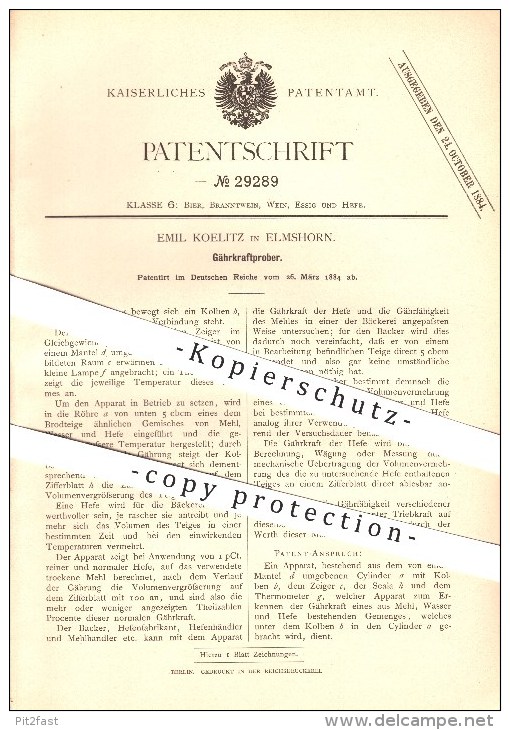 Original Patent - Emil Koelitz In Elmshorn , 1884 , Gährkraftprober , Bier , Brauerei !!! - Elmshorn