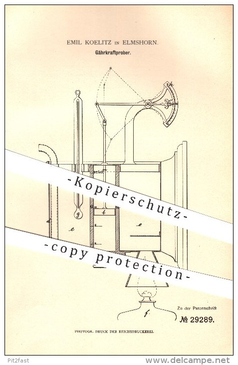 Original Patent - Emil Koelitz In Elmshorn , 1884 , Gährkraftprober , Bier , Brauerei !!! - Elmshorn