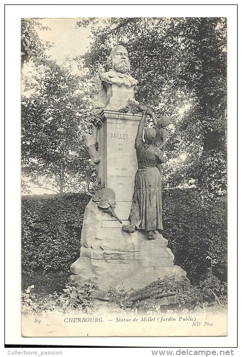 Cp, 50, Cherbourg, Statue De Millet, Jardin Public, Voyagée 1907 - Cherbourg