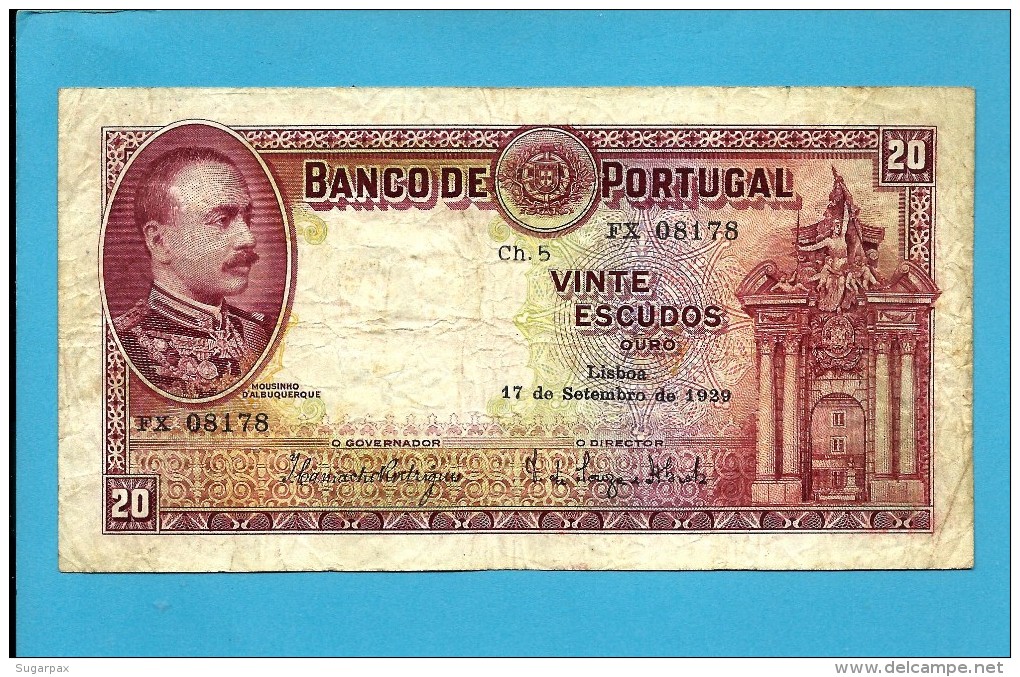 PORTUGAL - 20 Escudos  17/09/1929 - Pick 143 - Chapa 5 - MOUSINHO D´ ALBUQUERQUE - Portugal