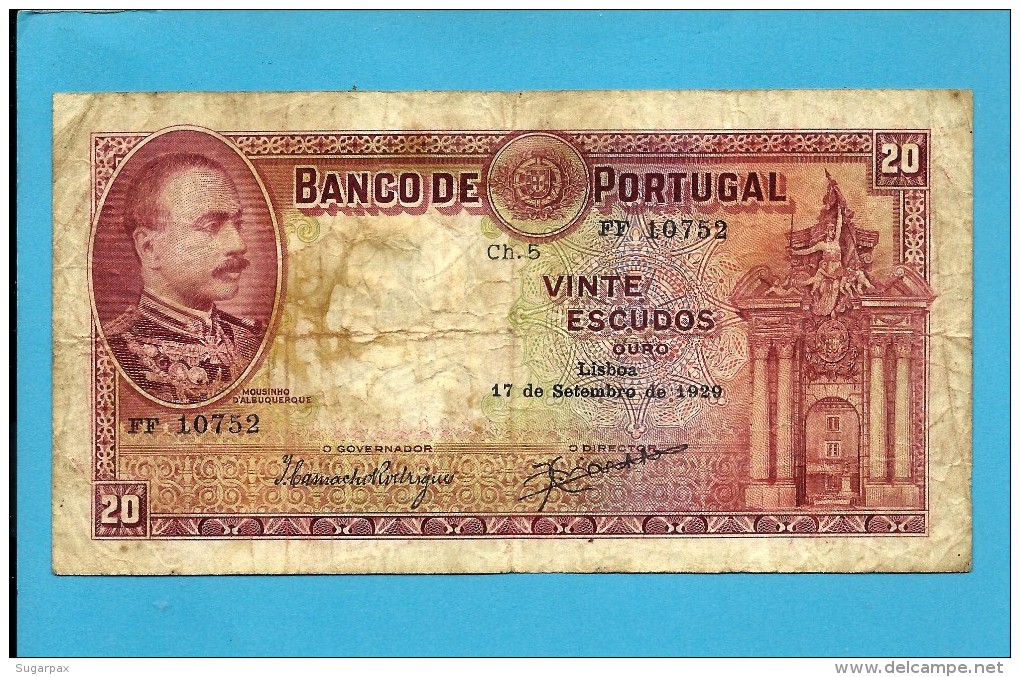 PORTUGAL - 20 Escudos  17/09/1929 - Pick 143 - Chapa 5 - MOUSINHO D´ ALBUQUERQUE - Portugal