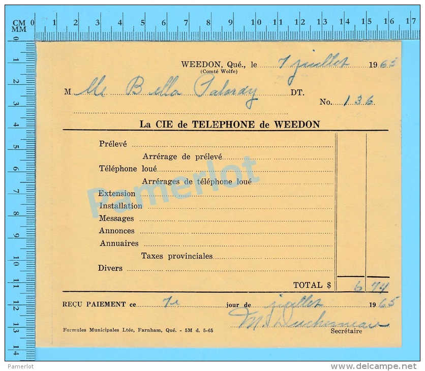 Facture 1965 à ( Mlle Bella Palardy "Par La Cie De Téléphone De Weedon P. Quebec Canada" ) - Canada