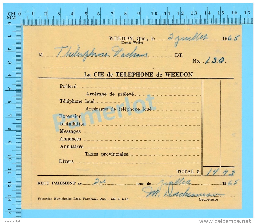 Facture 1965 à ( M. Thélesphore Vachon "  Par La Cie De Téléphone De Weedon P. Quebec Canada" ) - Canadá