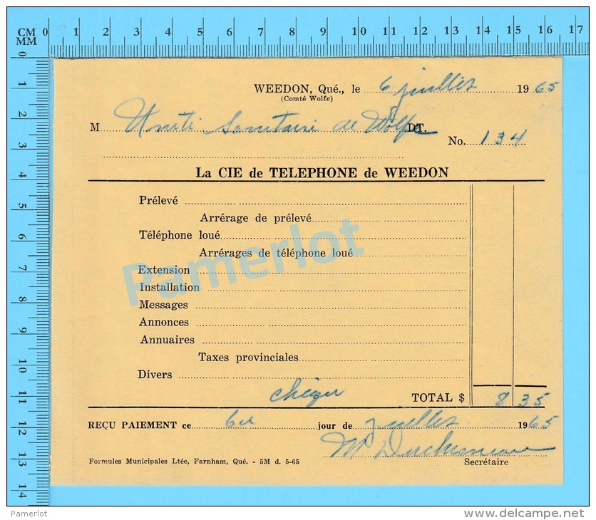 Facture 1965 à ( Unité Sanitaire De Wolfe "  Par La Cie De Téléphone De Weedon P. Quebec Canada" ) - Canadá