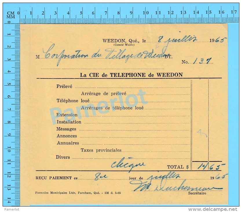 Facture 1965 à ( Corporation Du Village De Weedon "  Par La Cie De Téléphone De Weedon P. Quebec Canada" ) - Canada