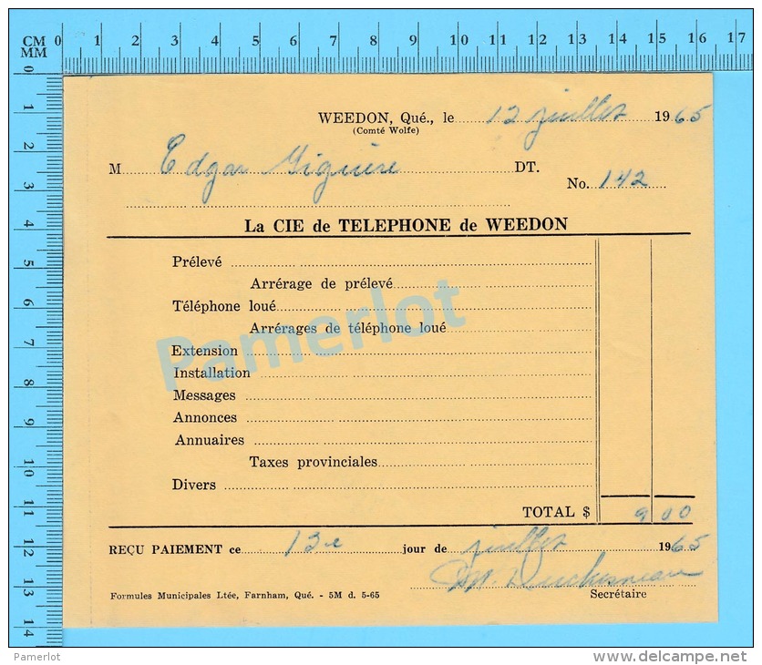 Facture 1965 à ( M. Edgar Giguere "  Par La Cie De Téléphone De Weedon P. Quebec Canada" ) - Canada