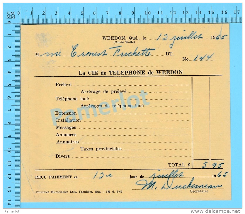 Facture 1965 à ( M. Ernest Fréchette "  Par La Cie De Téléphone De Weedon P. Quebec Canada" ) - Canada