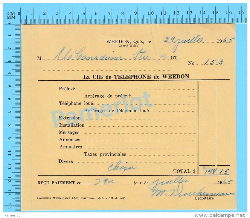 Facture 1965 à ( À La Canadienne Ltée "  Par La Cie De Téléphone De Weedon P. Quebec Canada" ) - Canada