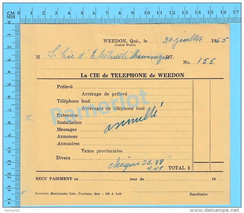 Facture 1965 à ( La Cie D'Électricité Shawinigan"  Par La Cie De Téléphone De Weedon P. Quebec Canada" ) - Canada