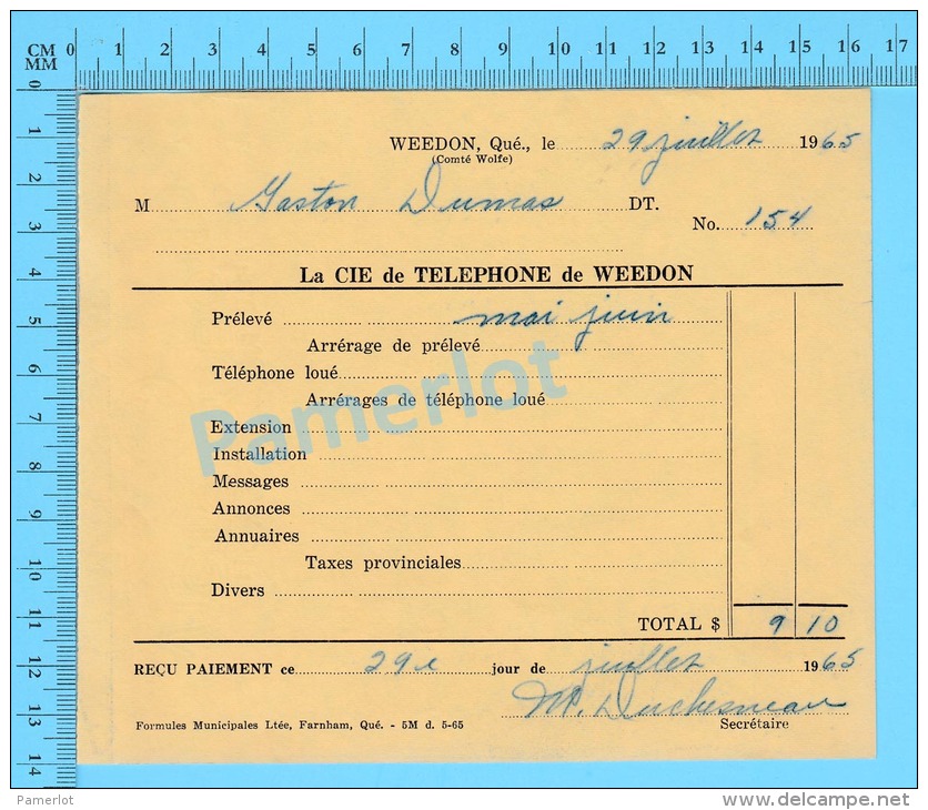 Facture 1965 à ( M. Gaston Dumas "  Par La Cie De Téléphone De Weedon P. Quebec Canada" ) - Canadá